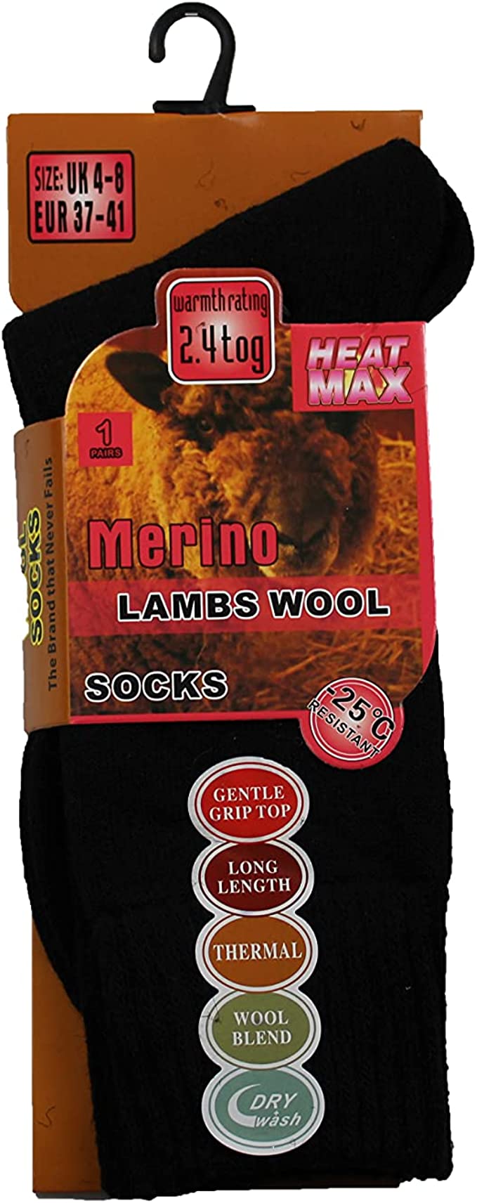 Ladies Plain Black Merino Wool Thermal Heated Socks – 2.4TOG (-25°C resistant)